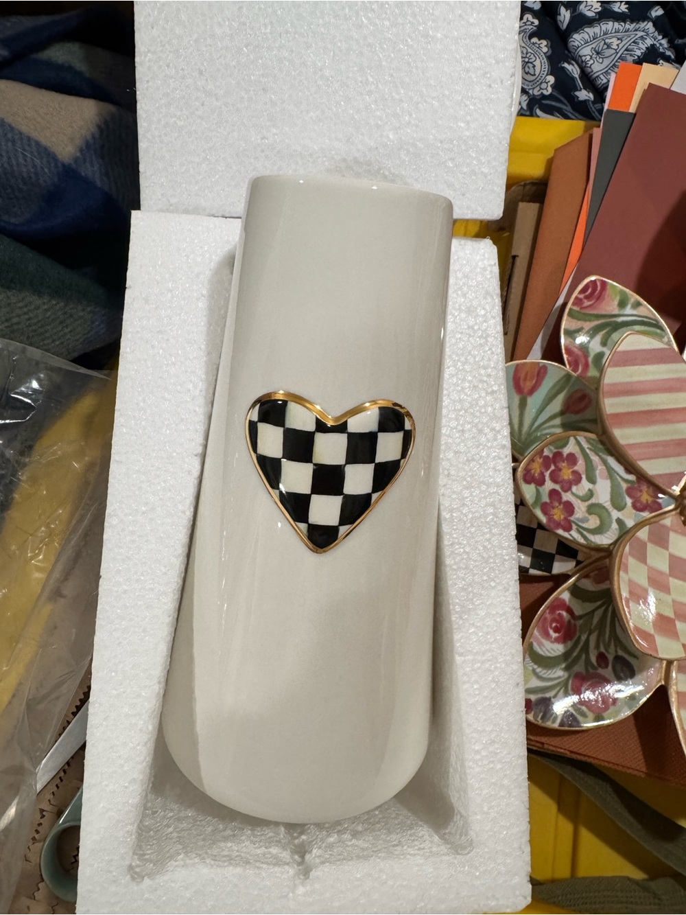 White Ceramic Vase with Black & White Checker Heart Accent